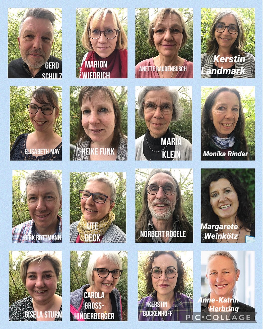 Porträtfotos von Personen mit Namensbeschriftungen darunter, angeordnet in einem Raster vor einem grünen Hintergrund.